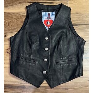 Vtg Contempo Genuine Leather Vest L Black Western Concho Buttons Cowgirl Party